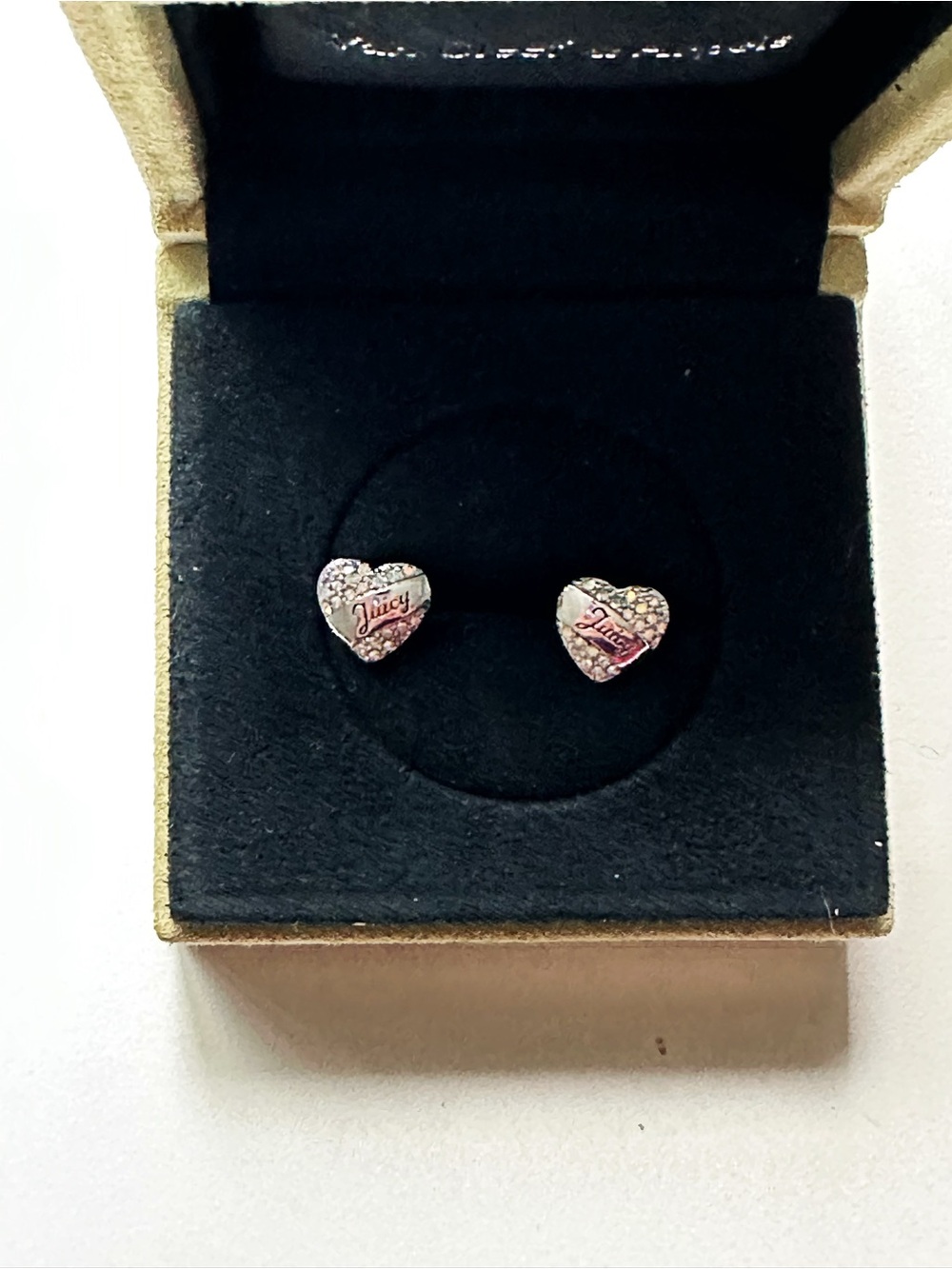 Juicy Couture Silver Heart Stud Earrings with Pink Script